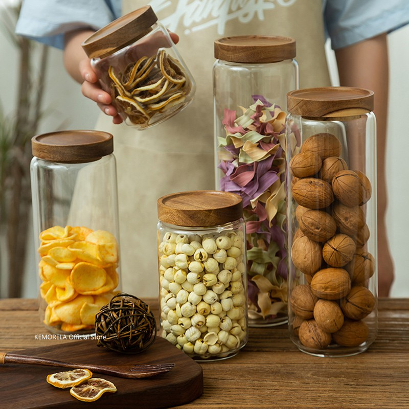 Food Storage Jar Glass - Wood Lid Glass Airtight Canister Kitchen