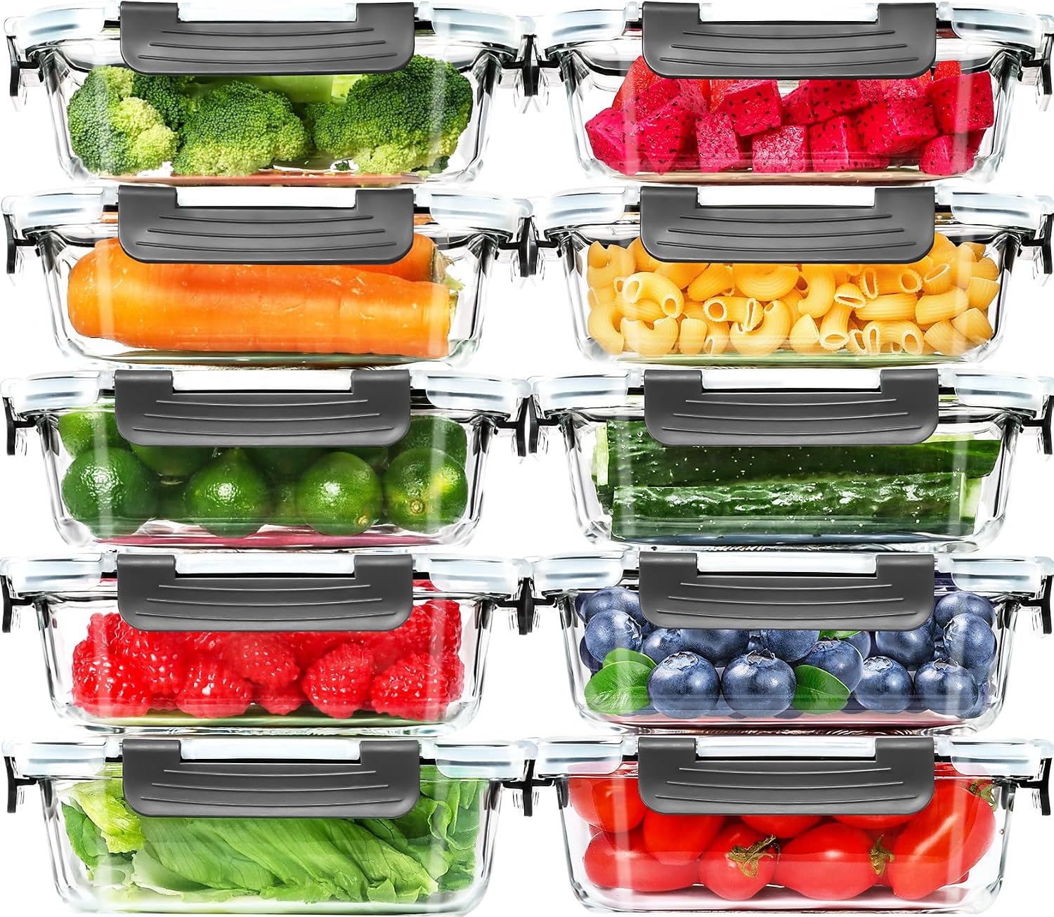 Food Storage Acrylic Containers - 10 Pack Glass Meal Prep Containers,