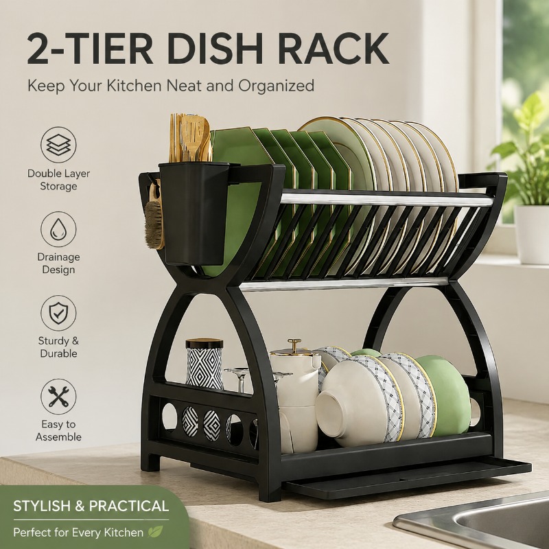 Food Storage Organiser - 2 Tier Dish Drying Rack Kitchen