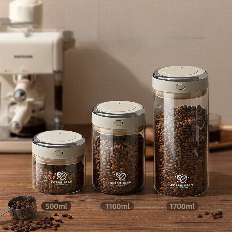 Food Storage Containers Glass - 500/1100/1700ml Coffee Beans Vacuum Sealed Tank